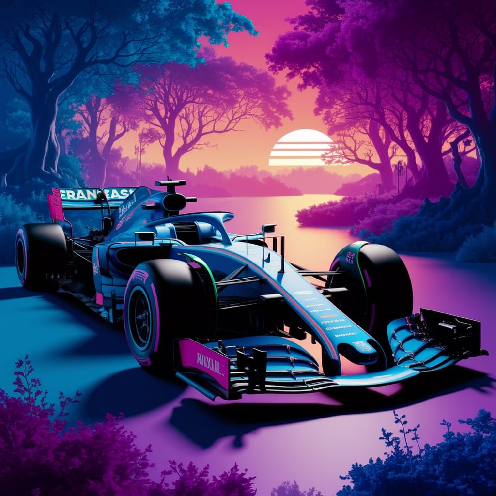 Formula One Car Shines in Enchanted Forest Sunset