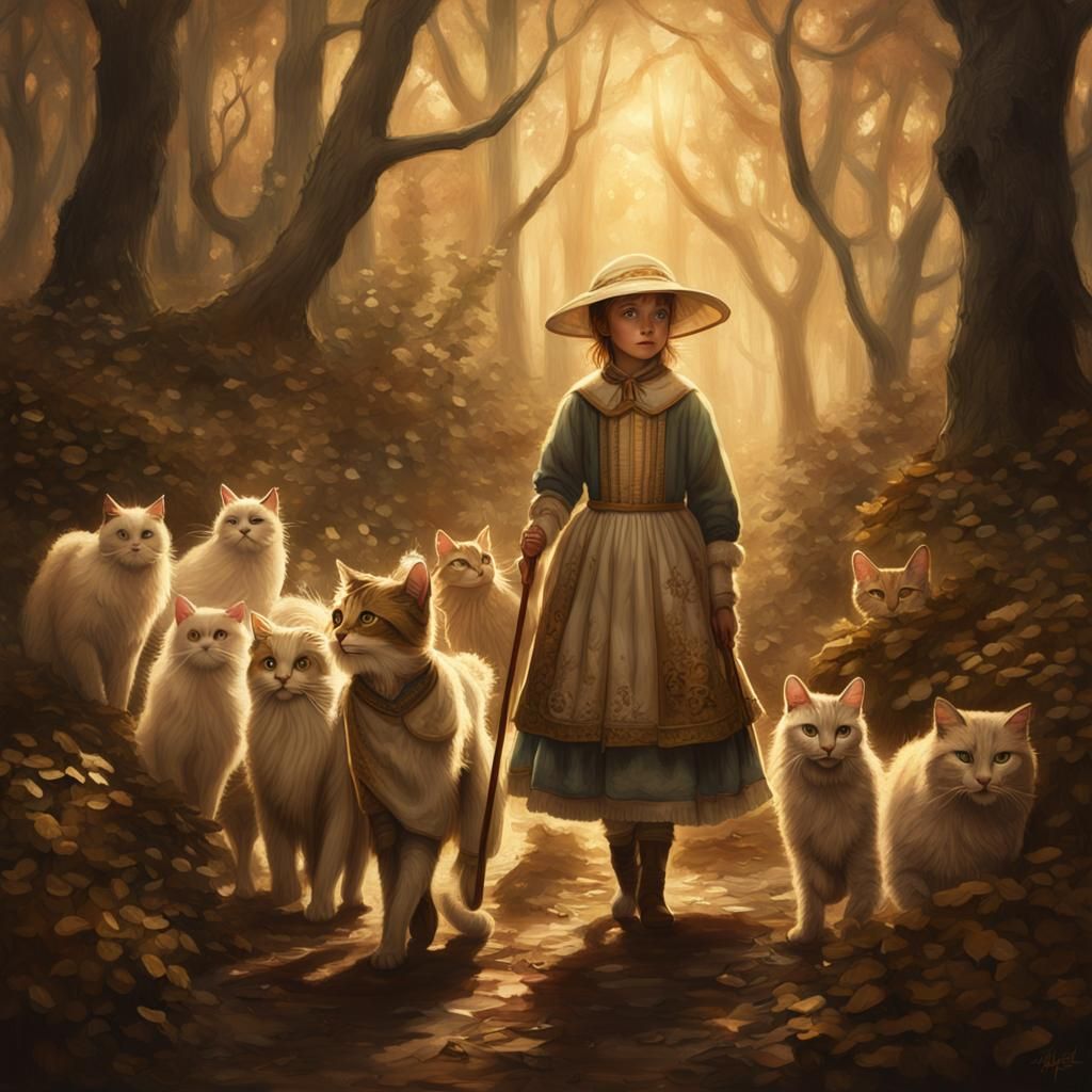 Little Bo-Peep Herding Cats in Whimsical Forest