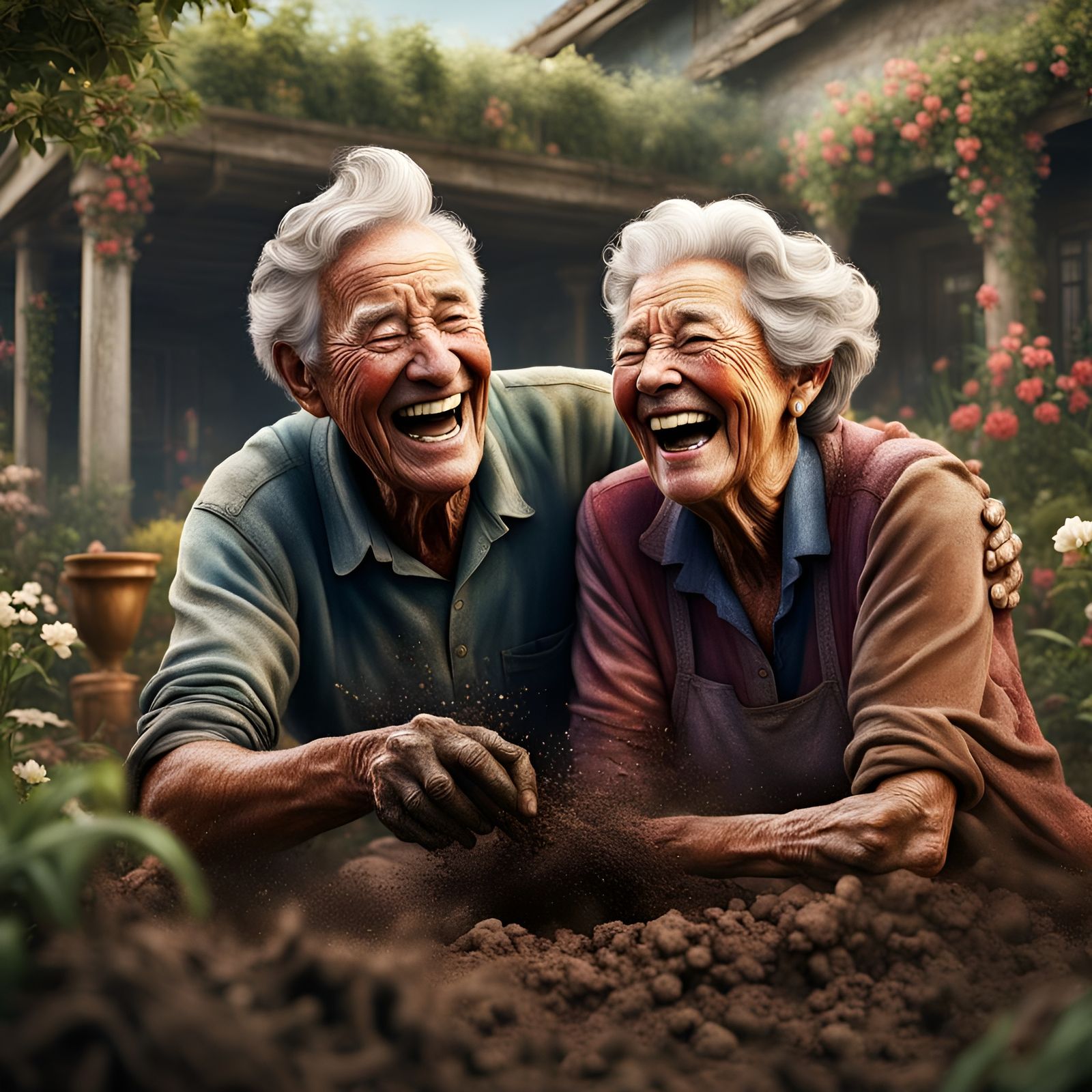 Laughing Old Couple in Dirt Garden: Unreal Engine 5