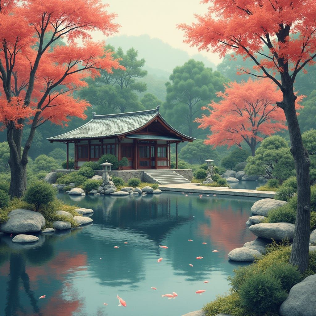 Zen Garden Teahouse in Japanese Woodblock Style