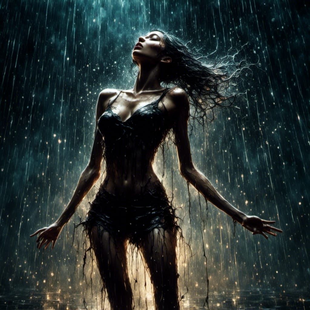Woman Dancing in Rain at Night