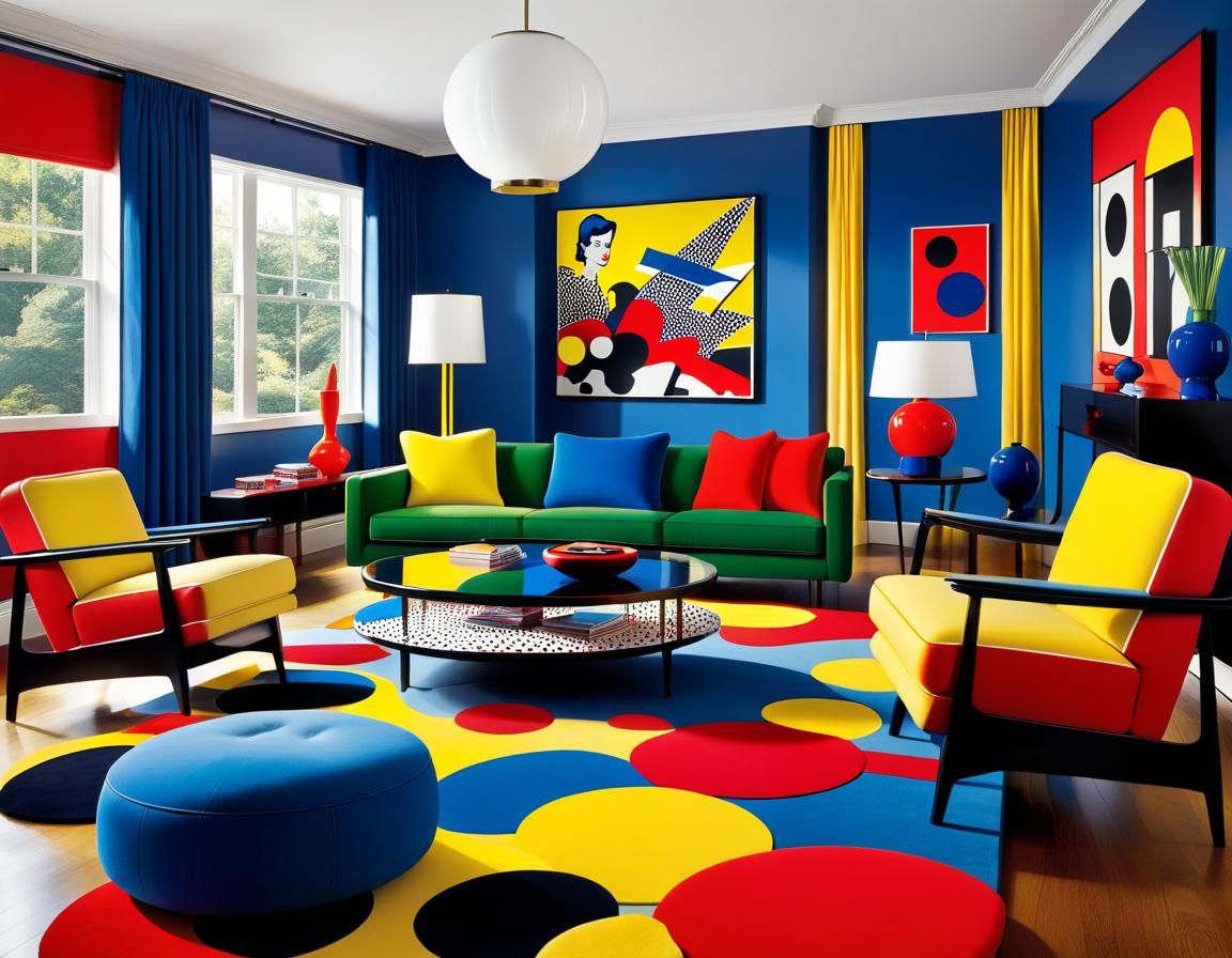 Living room scene infused with Roy Lichtenstein's pop art st...