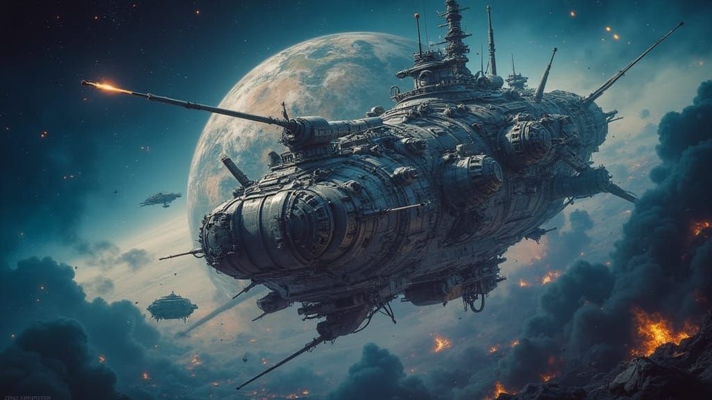 Cyberpunk Space Dreadnought Over a Burning Planet