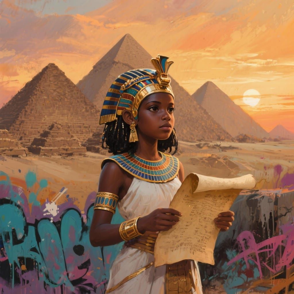 Ancient Egyptian Girl by Pyramids at Sunset