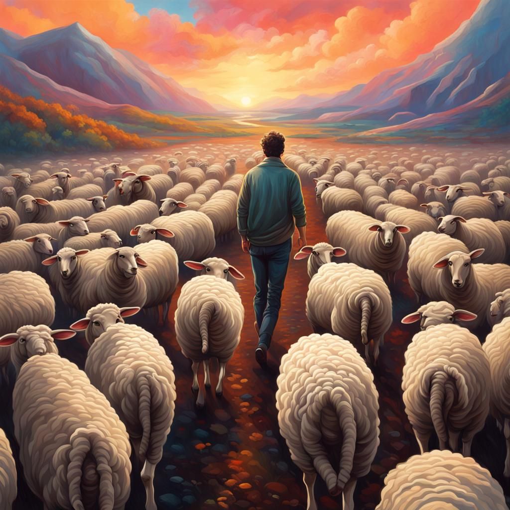 Pastoral Scene: Shepherd and Flock in Detailed Splash Art