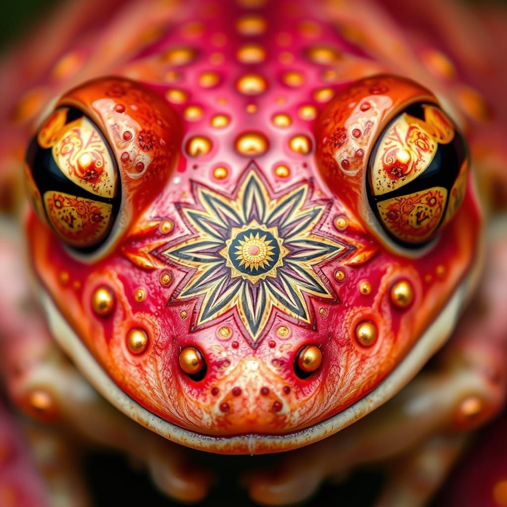 Macro Photograph of Frog Face with Mandala Tattoos