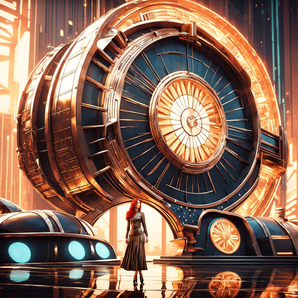 Elegant Atompunk Lady in Retrofuturism Dress at Golden Hour