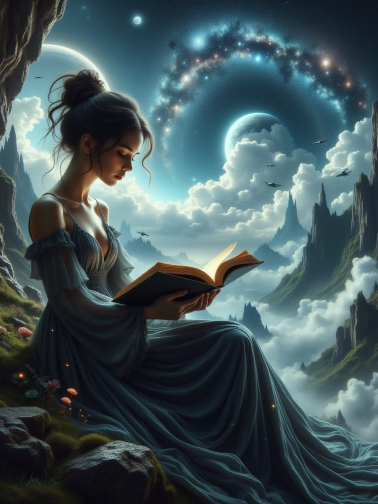 Girl in Mystical Dark Fantasy Landscape Reading Ancient Spac...