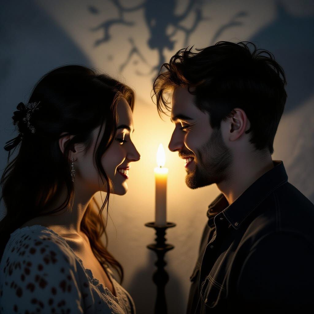 Tense Candlelit Encounter: Man and Woman Face to Face