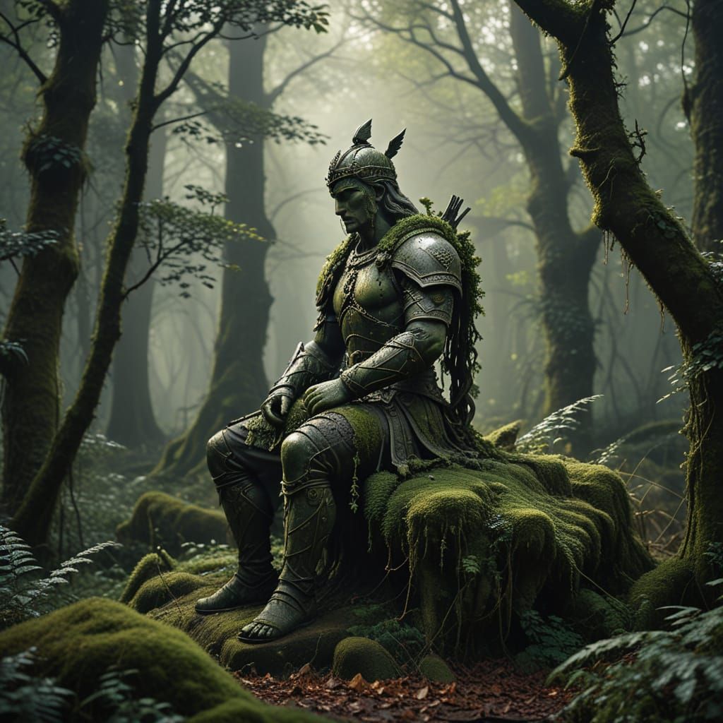 Ancient Warrior Statue in Misty Woods