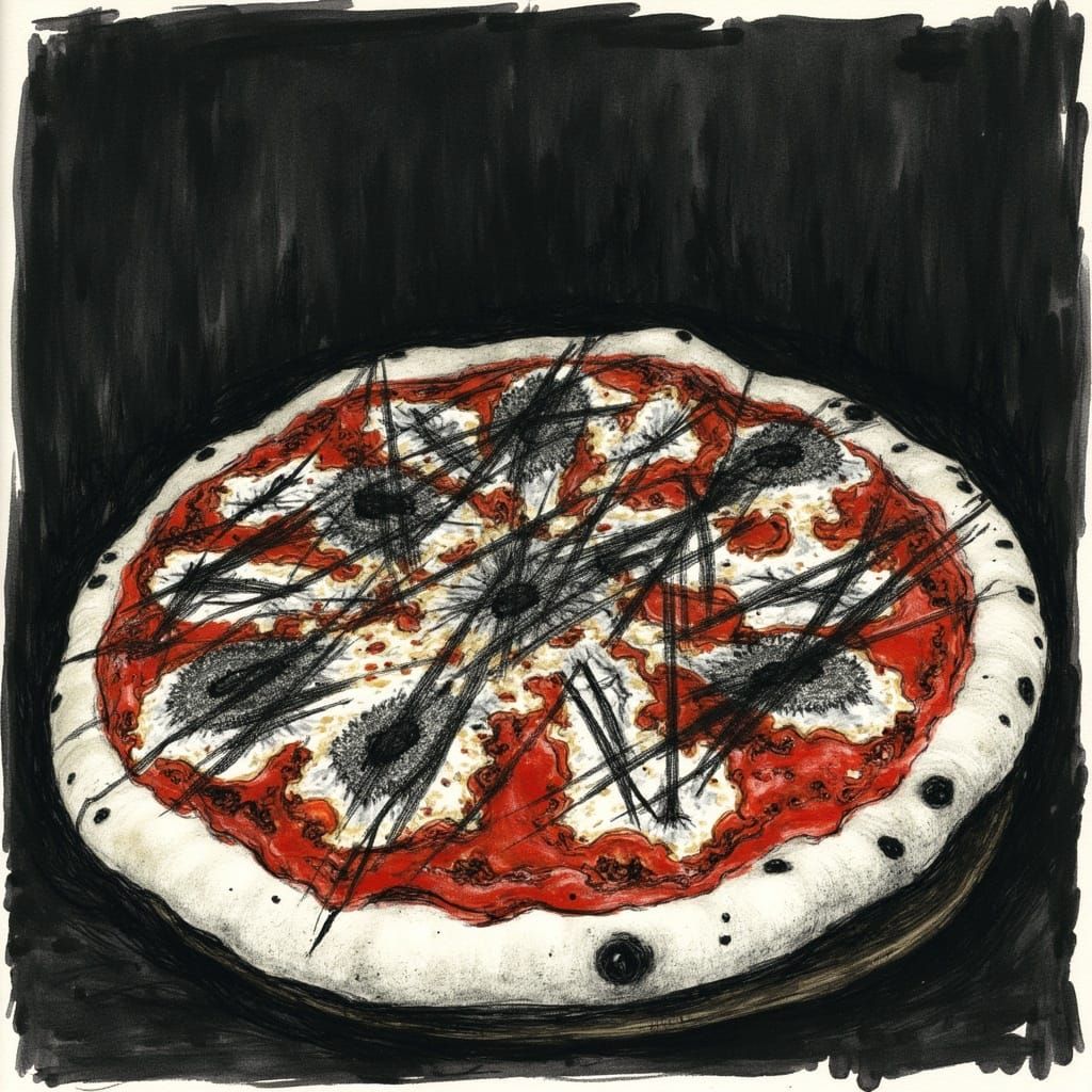 Macabre Pizza Scene in Dark Black and White