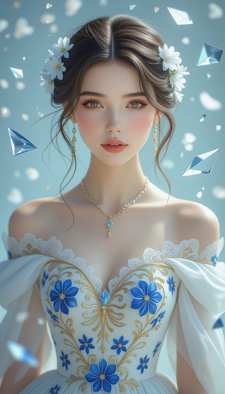 Young Woman in Porcelain Dress with Floral Patterns