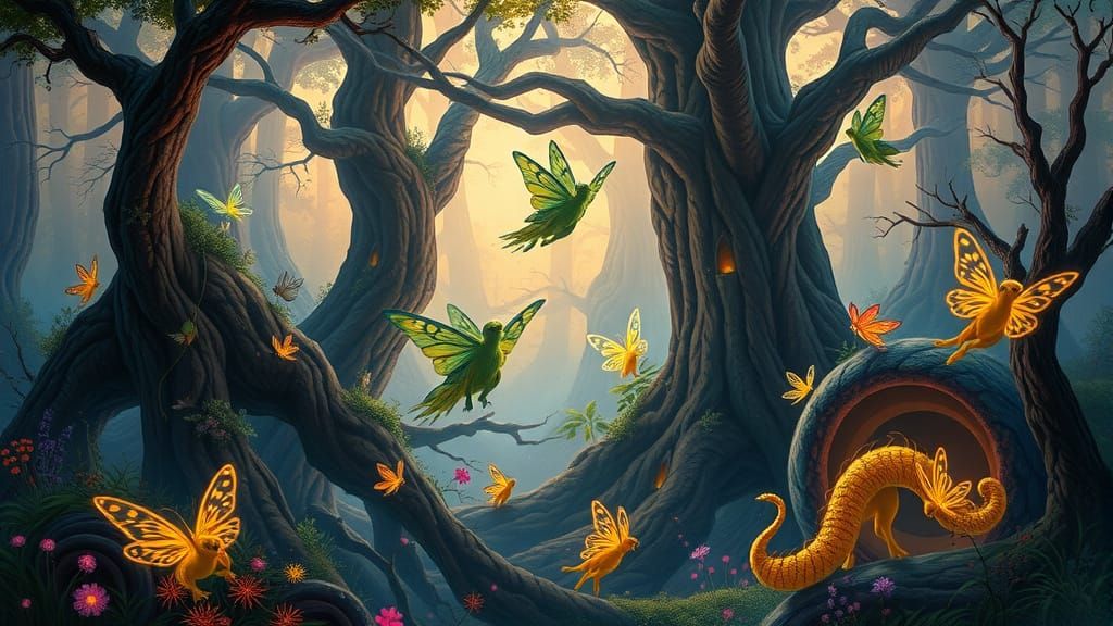 Enchanted Forest with Mythical Creatures as Digital Art