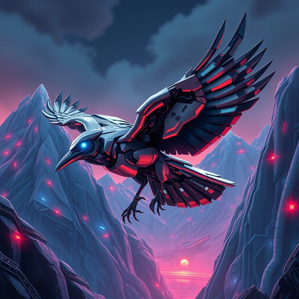 Cyberpunk Robot Crow Soaring Before Metallic Peaks