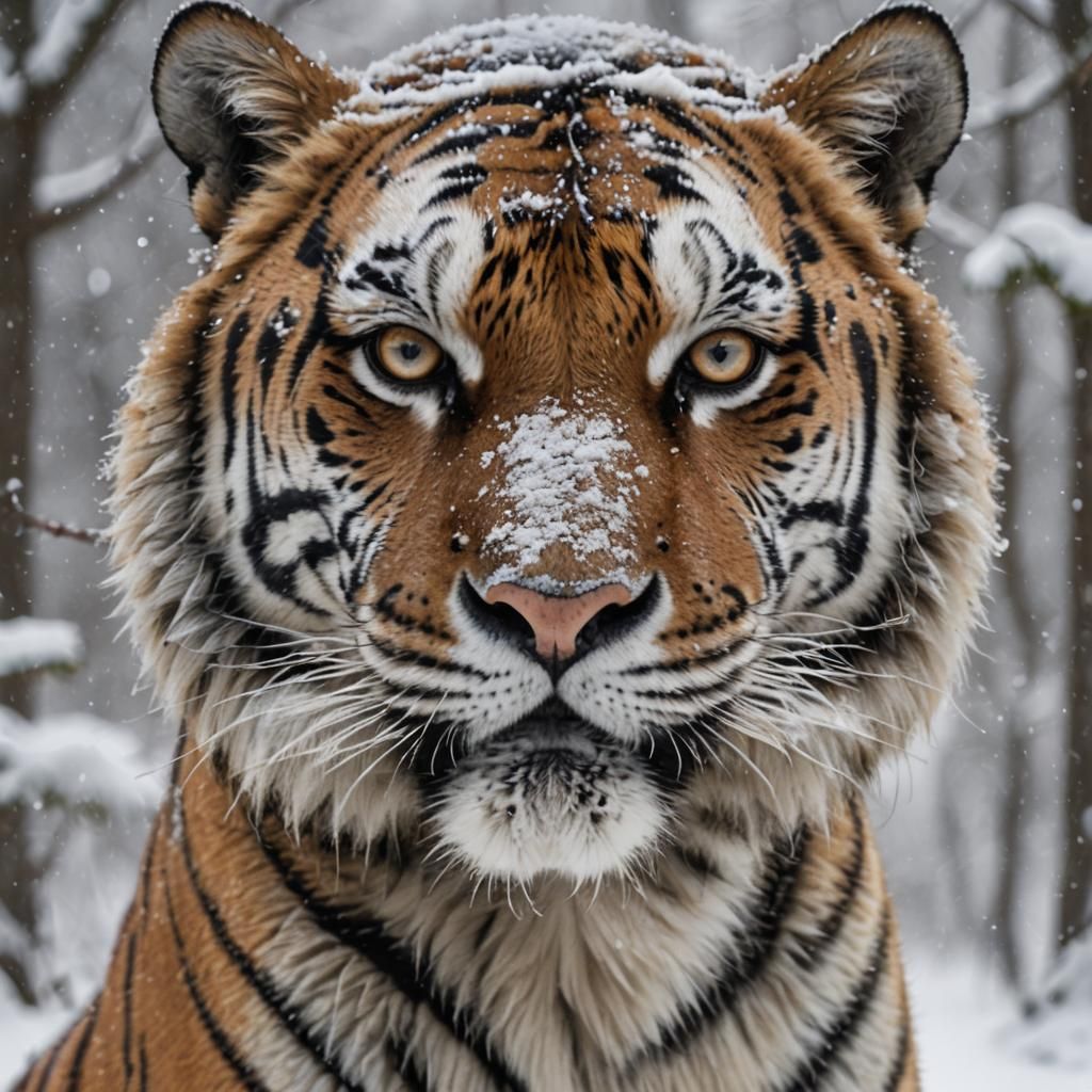 A close up of a siberian tiger in a beautiful snowy environment beautiful masterpiece extreme detailing gleaming eyes