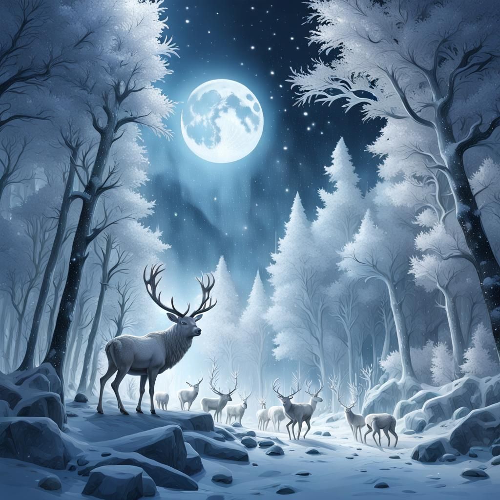Winter Wonder: Snow-White Stags Roam Under Ethereal Northern...