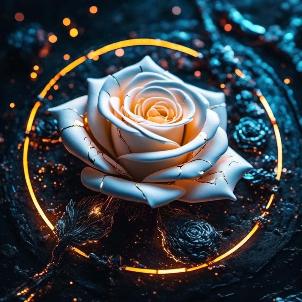 Kintsugi Rose in Cyberpunk Neon Style
