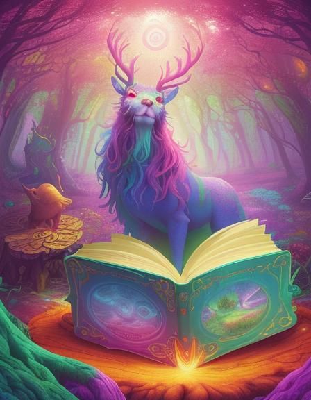 Enchanting Forest with Floating Books in Lisa Frank Style