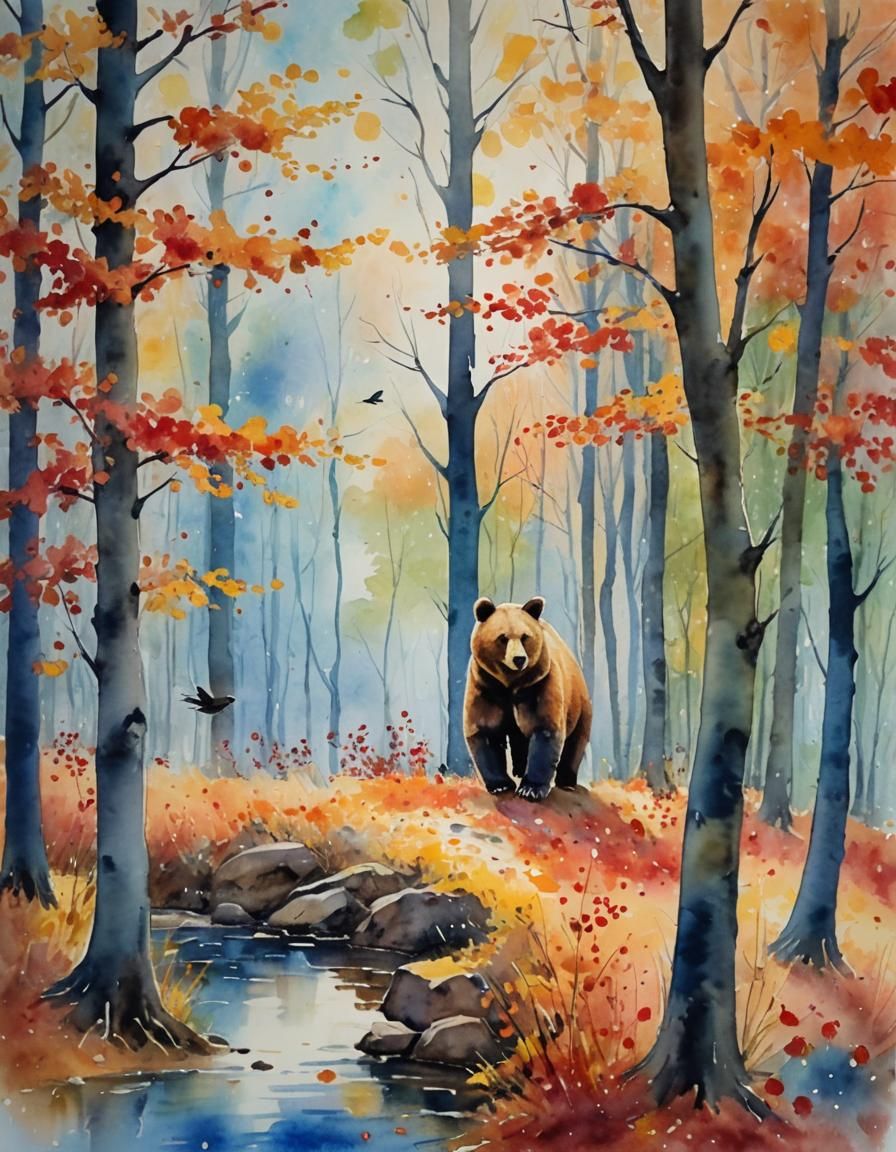 Impressionist Watercolor Bear in Autumn Forest
