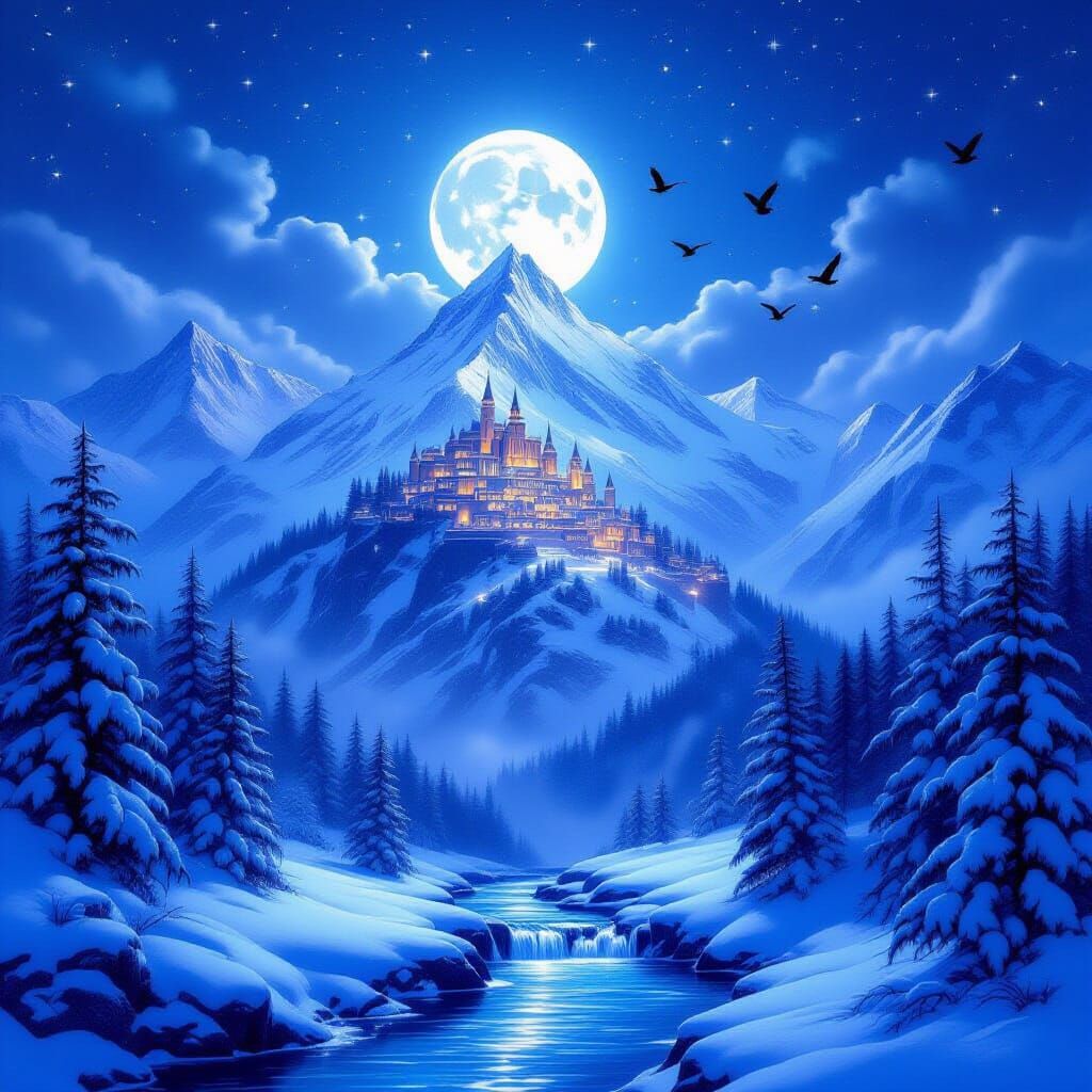 Majestic Snowy Mountain City with Eagles in Fantasy Art Styl...