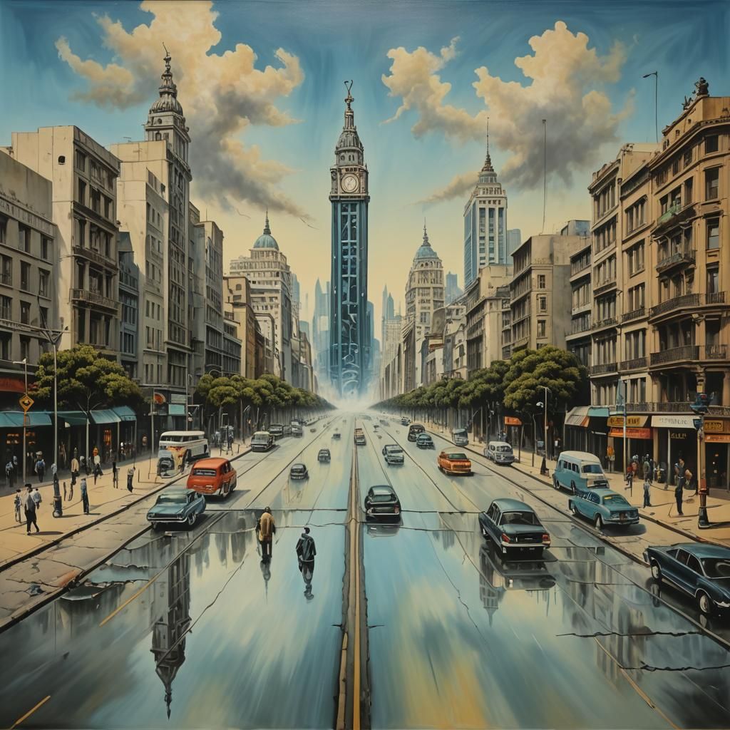 Surrealist View of Nueve de Julio Blvd as Oil Painting