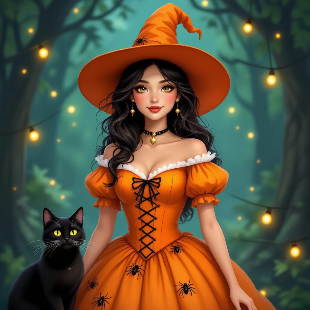 Enchanting Witch with Spider Dress and Fairy Lights