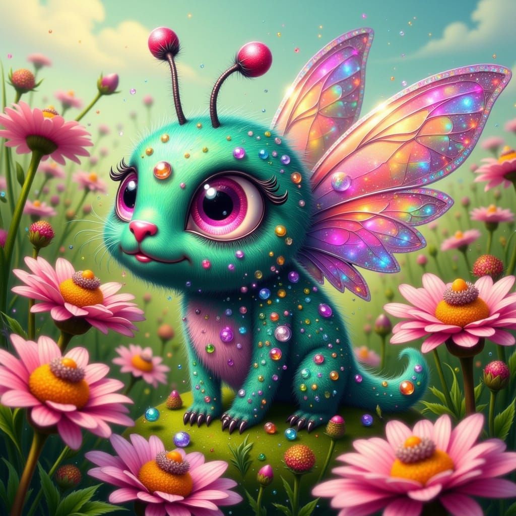 Whimsical Gingham Berry Monster Soars in a Vibrant Meadow