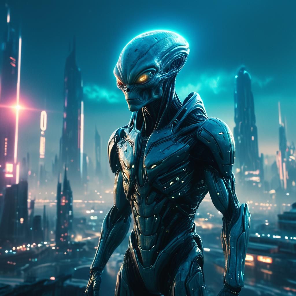 Heroic Alien Figure in Futuristic Cityscape