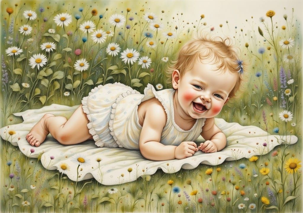 Laughing Baby in Garden Illustration