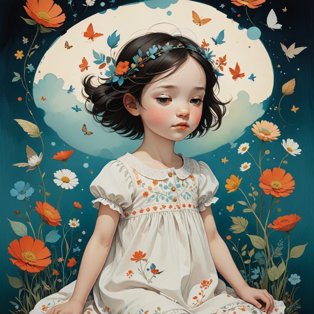 Whimsical Watercolor Portrait of a Young Girl in a Dreamlike...