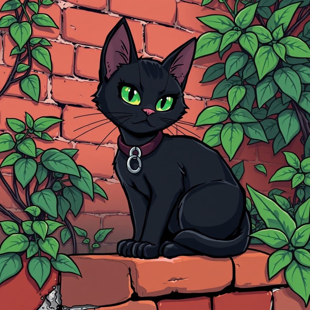 Black Cat on Brick Wall in Cartoon Style