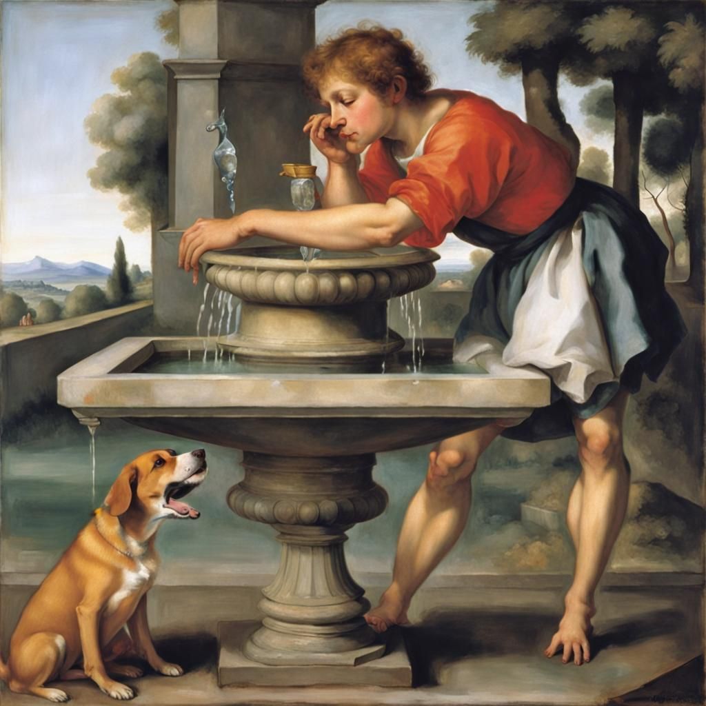Dog Drinking from Fountain: Surrealist Renaissance Art
