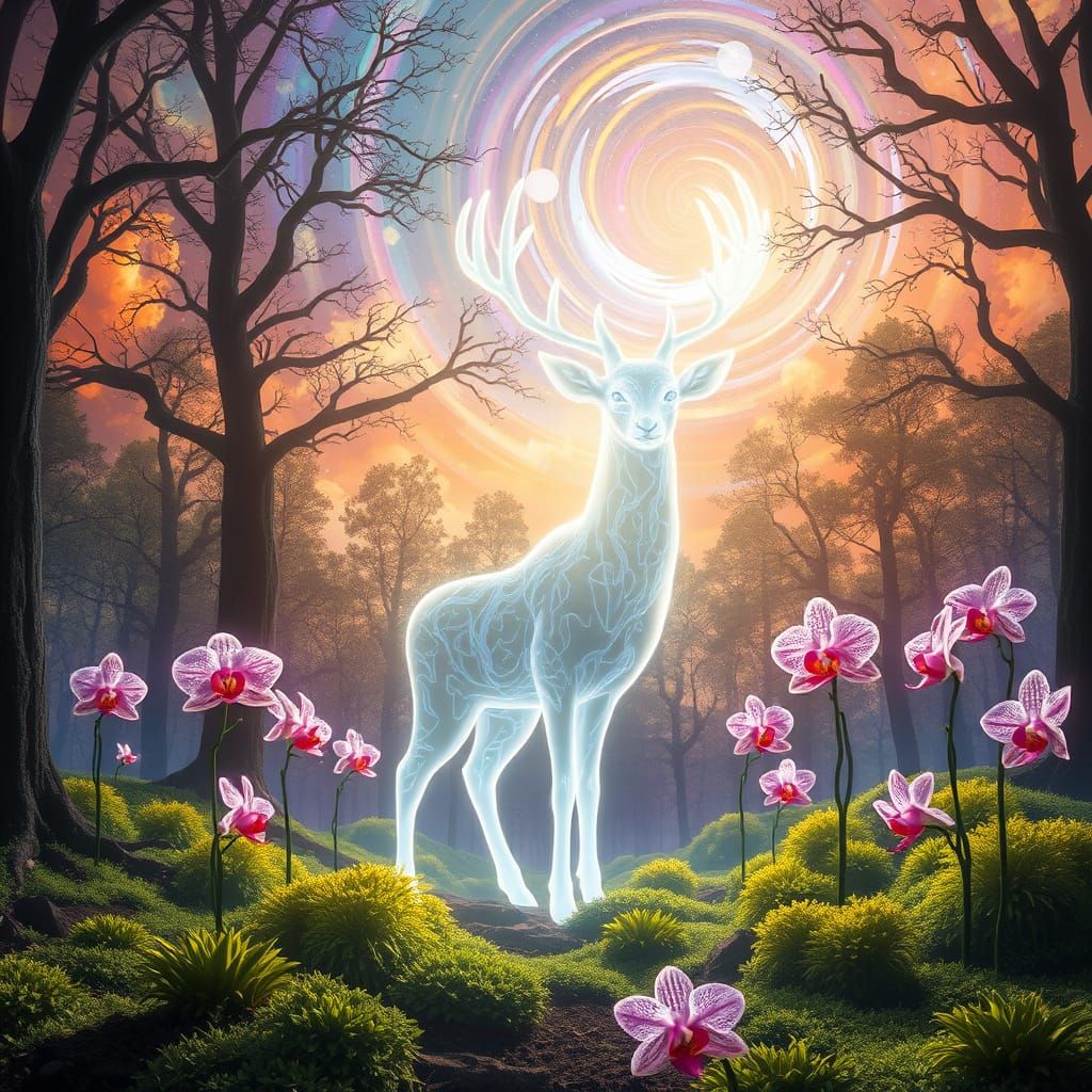 Ethereal Deer in Stained Glass Forest