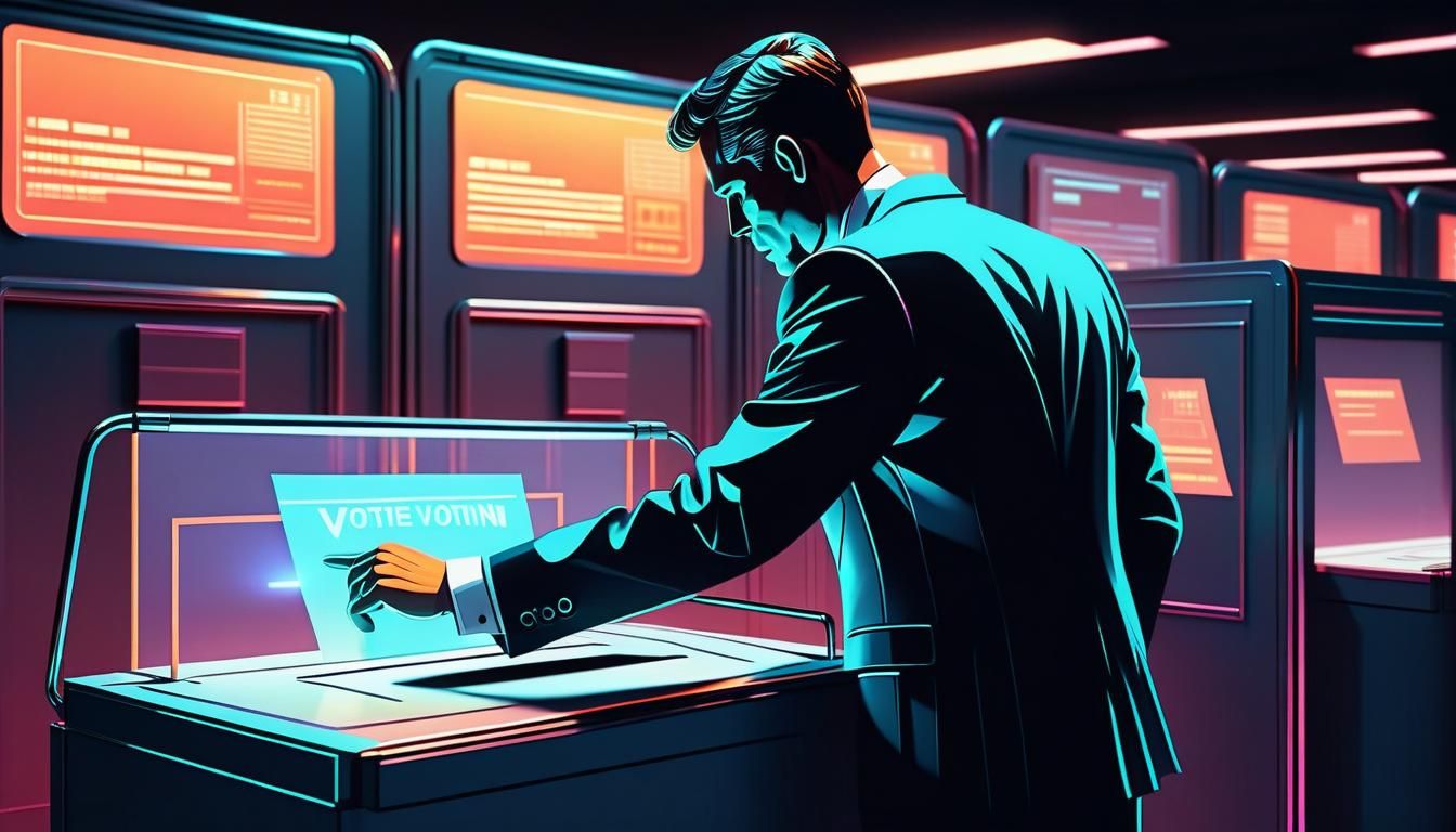 Retro-Futuristic Voting Booth Illustration in Vintage Sci-Fi...