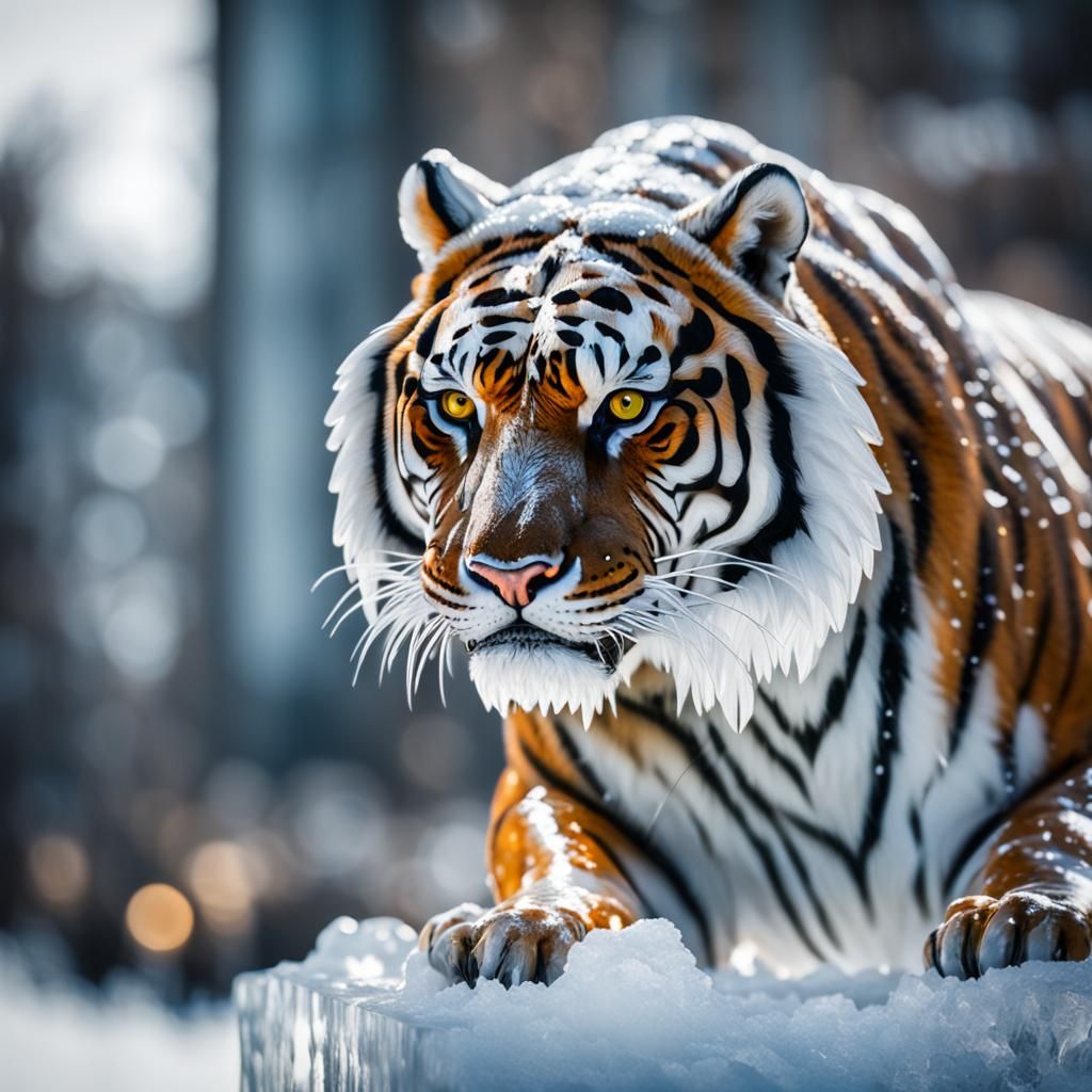 Staggering Tiger Clear Ice Sculpture, Professional Photograp...