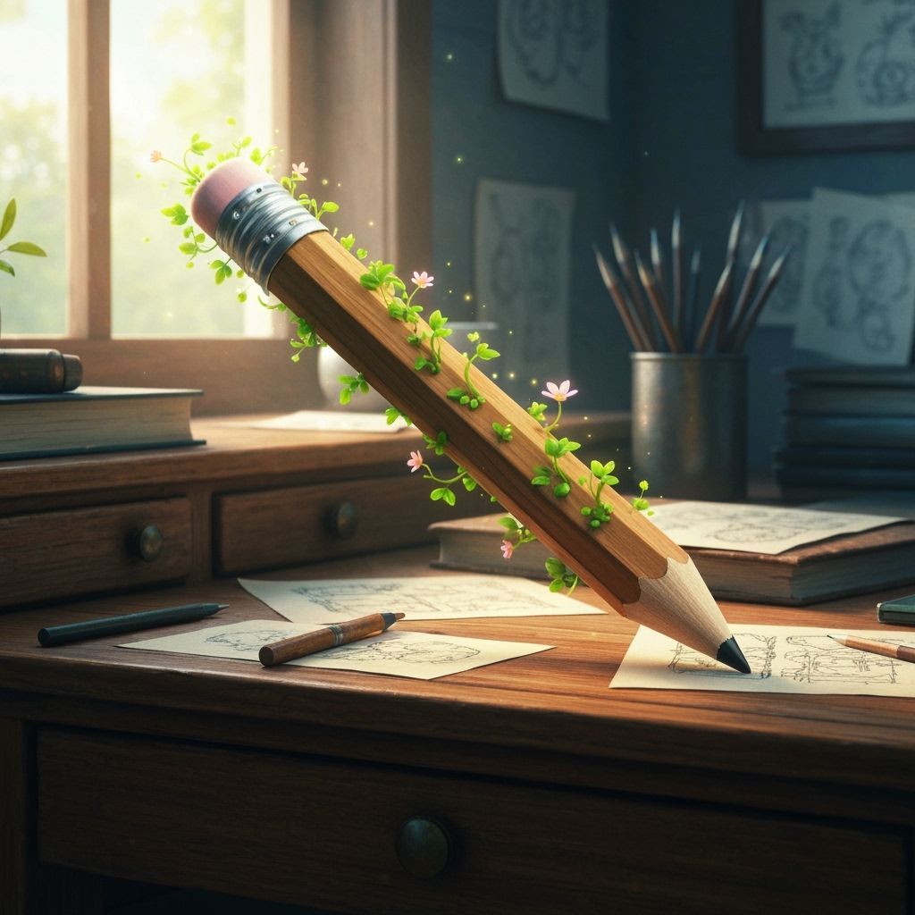 Magical Pencil with Blooming Leaves on Desk