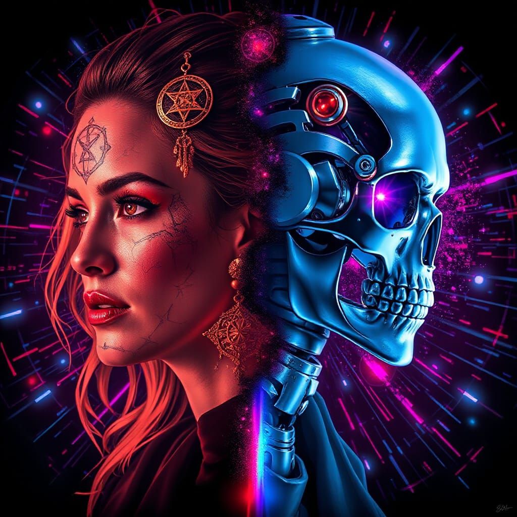 Sorceress and Cyborg Portrait in Gothic Style