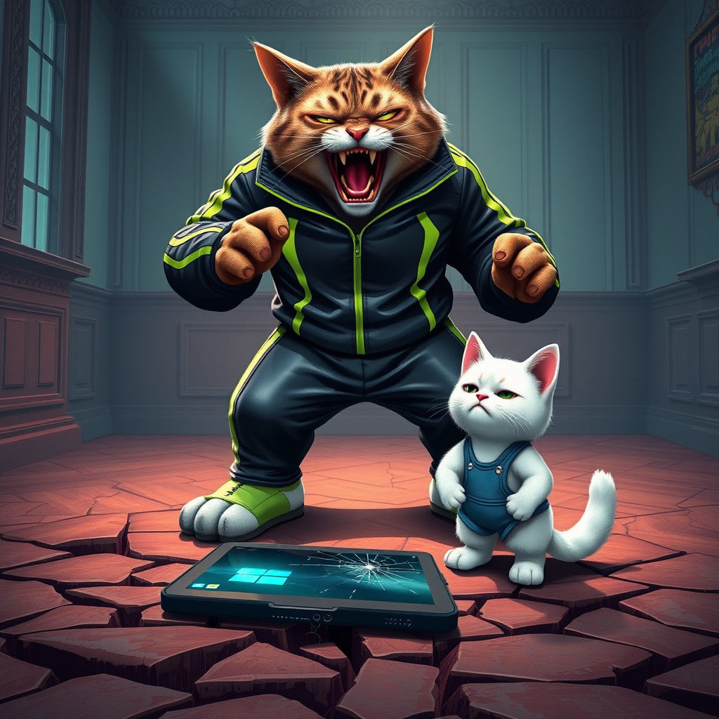 Angry Cat Dad with Broken Tablet, High-Fantasy Art