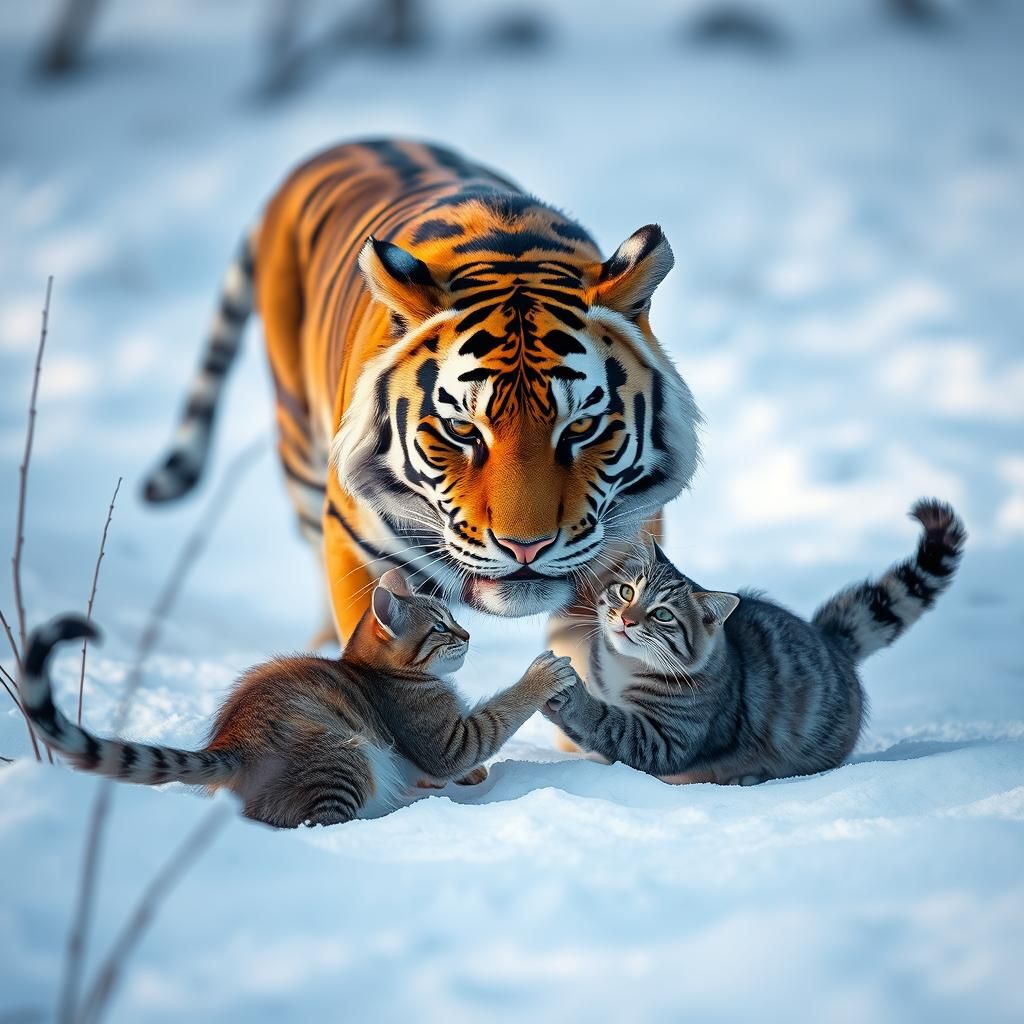 Tiger Prowling with Cat in Snowy Landscape