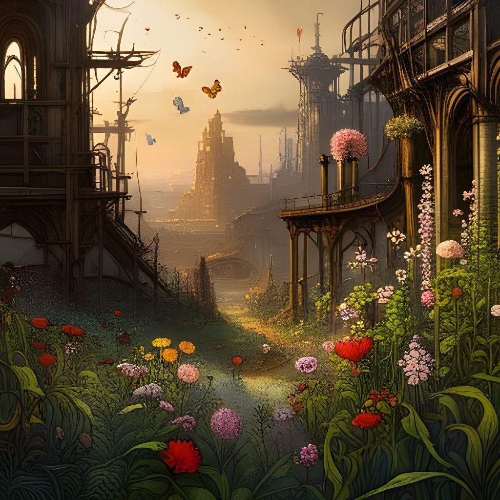 Wildflowers Bloom in Ruins, Painterly Unreal Engine Style