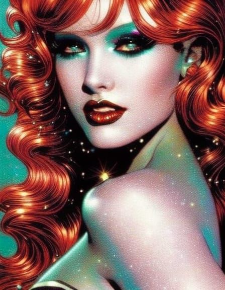 Red-Haired Siren with Glitter Makeup, Comic Style