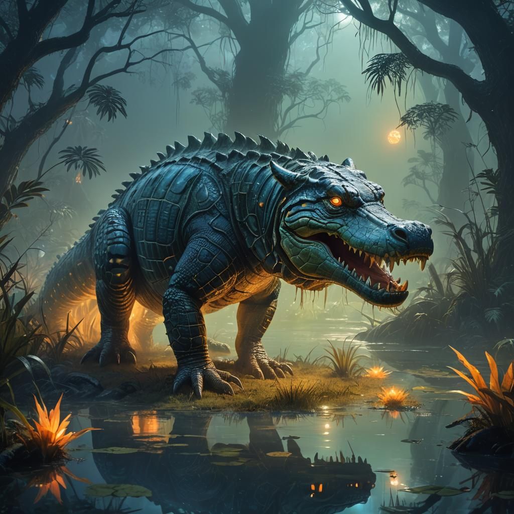 Mythic Tiger-Crocodile Hybrid in Bioluminescent Swamp