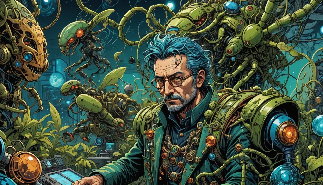 Jeweler and Robot Insects in Polish Comic Style