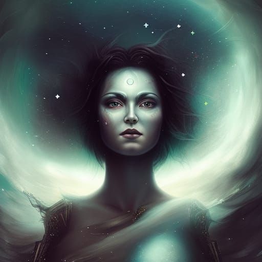 Celestial Warrior Woman in Starry Sky: Digital Art