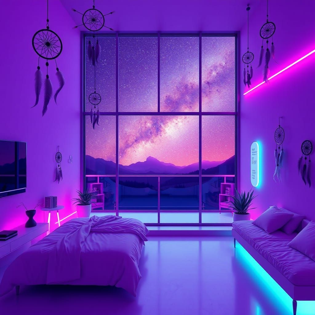 Purple Cosmic Bedroom with Dream Catchers in Retrowave Style