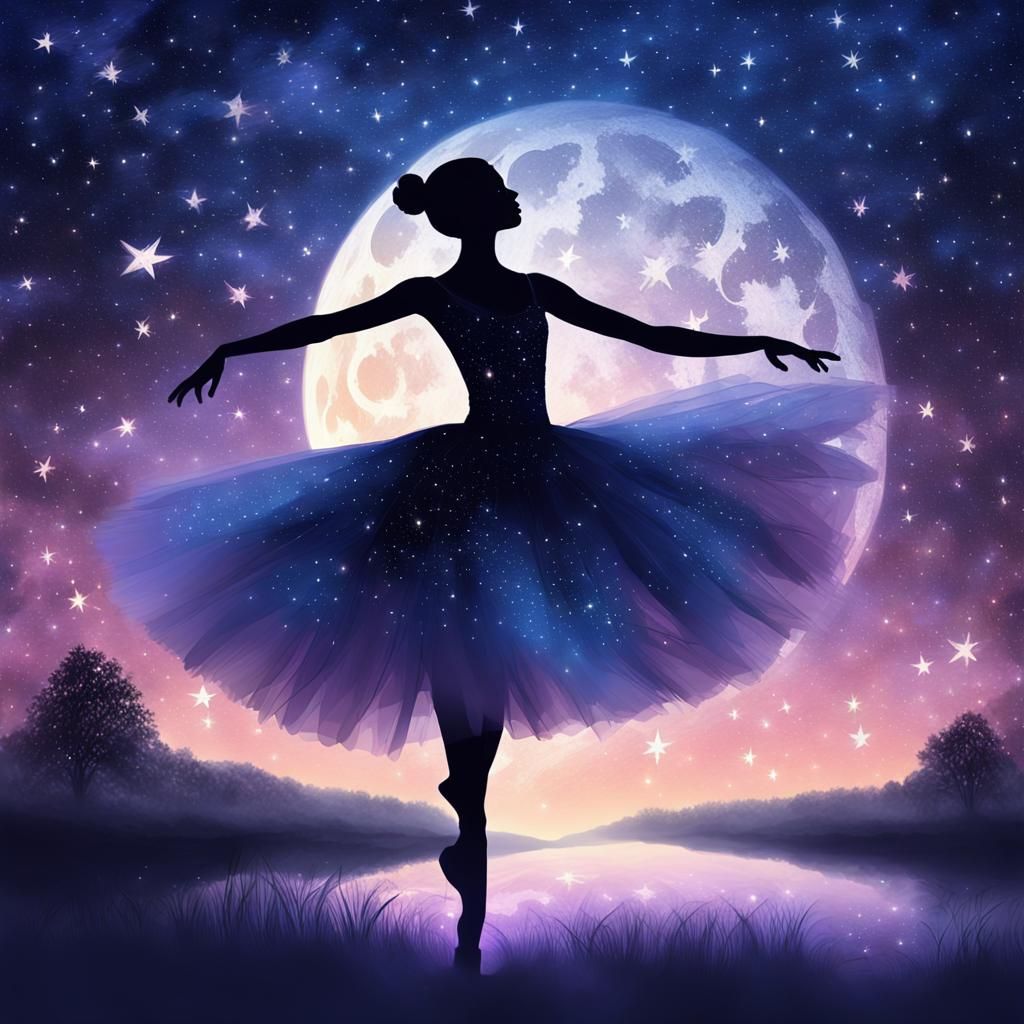 Ballerina Silhouette Dancing Under Starry Night Sky
