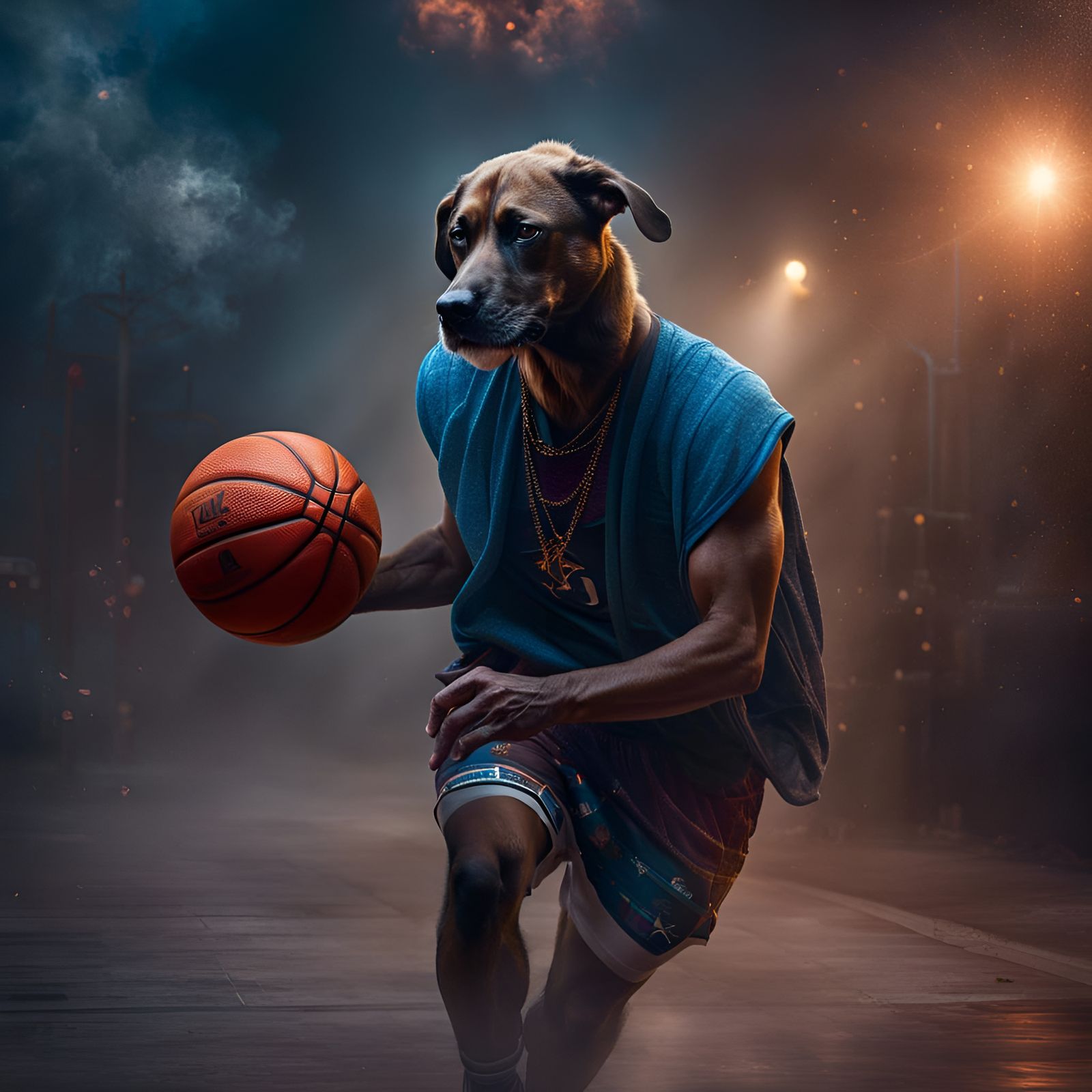 Dog-headed man playing basketball