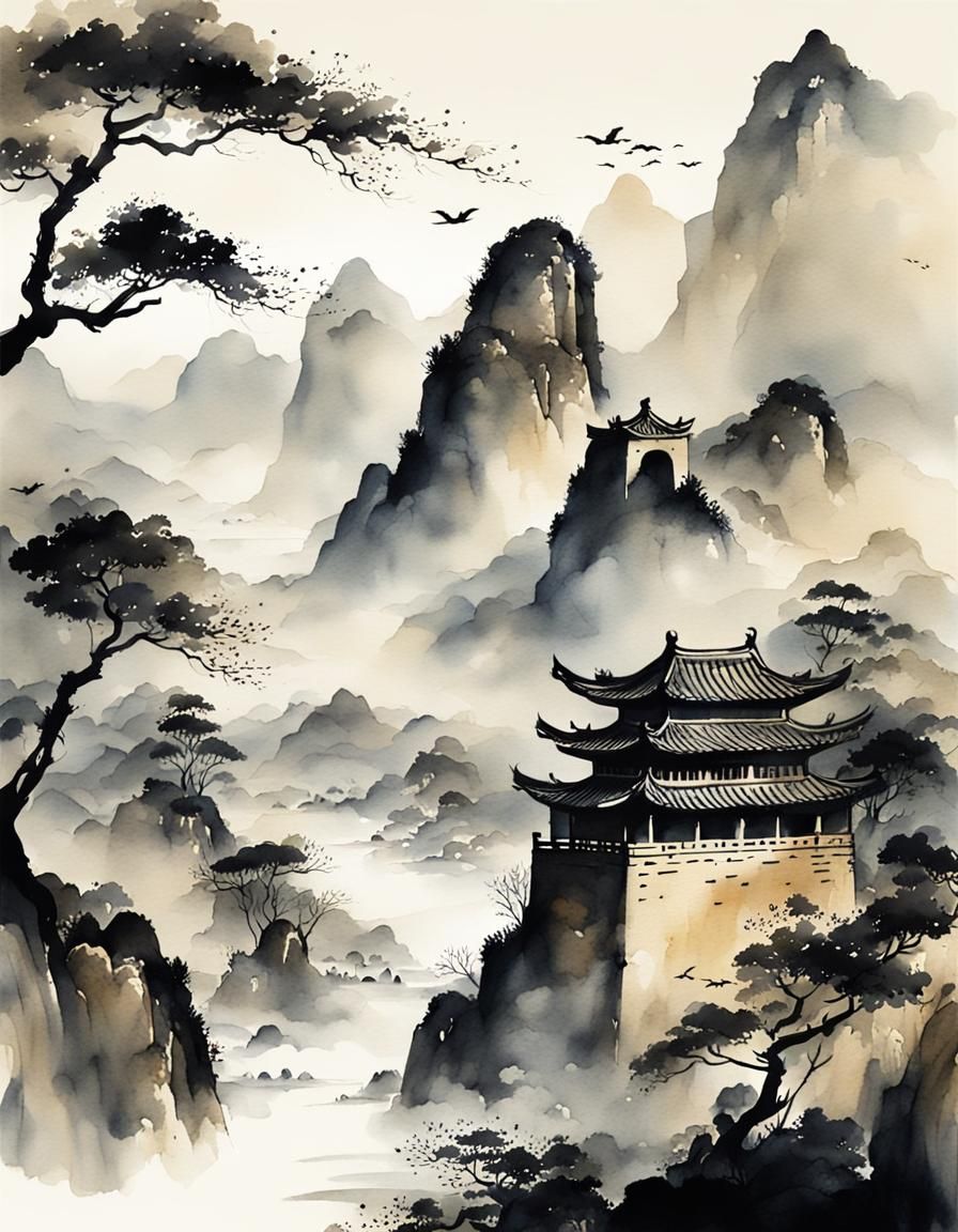Elegant Chinese Watercolor Landscape with Great Wall
