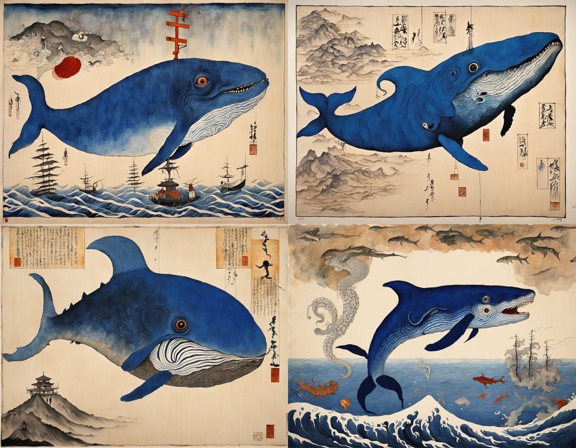 Surreal Blue Whale Seahorse Hybrid in Japanese Art