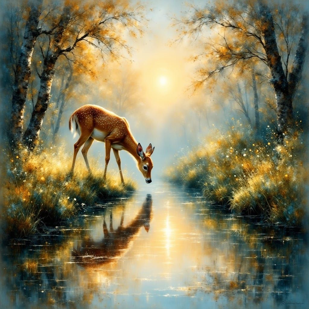 Gentle Doe Drinks From Stream at Dawn in Watercolor Style